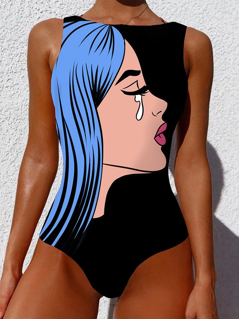 Graffiti Abstracte Print Patchwork Hoge Hals Mouwloos Afslankend Badpak Vrouwen Bikini