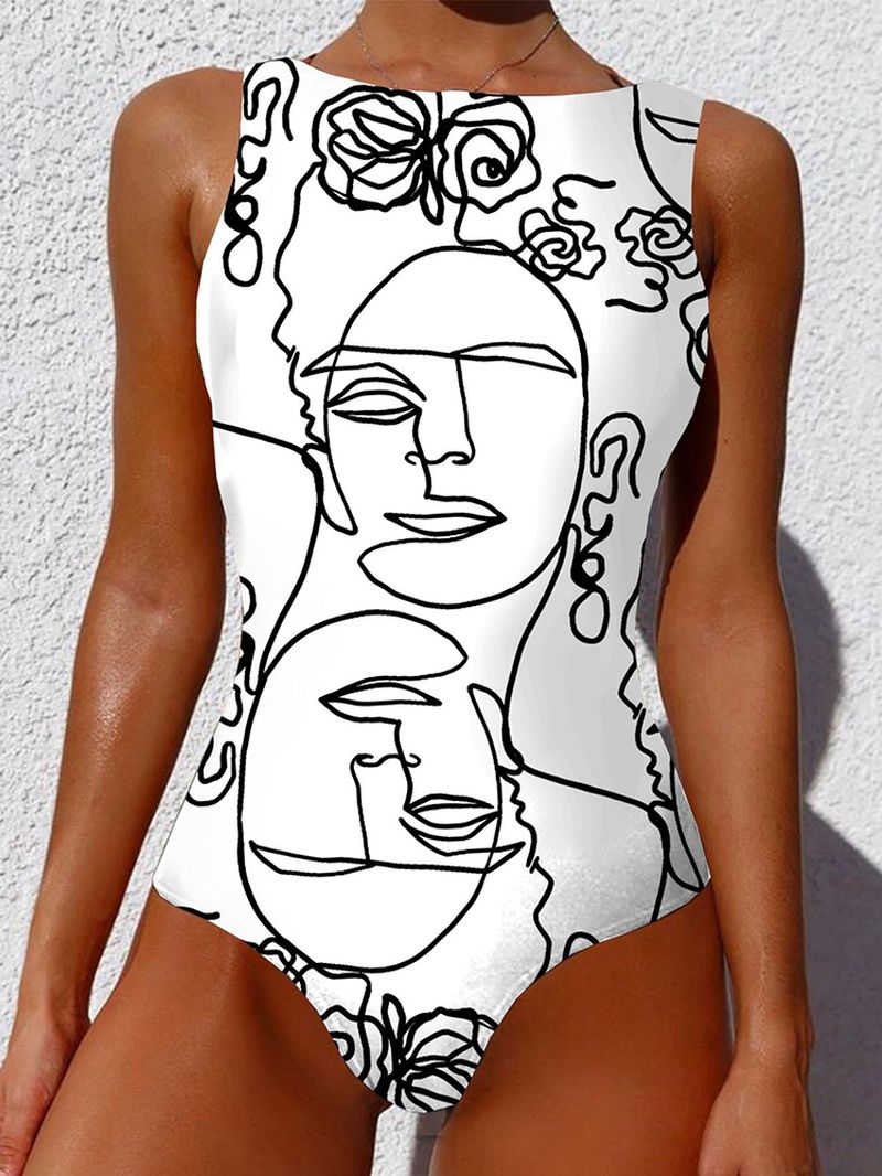 Graffiti Abstracte Print Patchwork Hoge Hals Mouwloos Afslankend Badpak Vrouwen Bikini