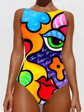 Kleurrijke Abstracte Print Hoge Hals Afslankende Ééndelig Mouwloos Strandzwempak Voor Dames