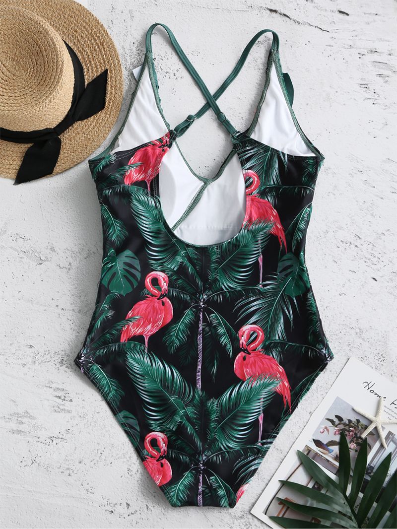 Vrouwen Tropische Bladeren Flamingo Print Ruches Hawaii Vakantie Een Stuk Patchwork Badmode