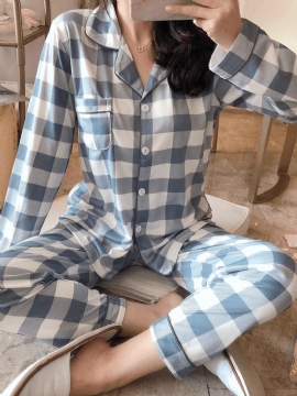 6 Patronen Dames Geruite Revere Kraag Lange Mouw Losse Thuis Pyjama Set