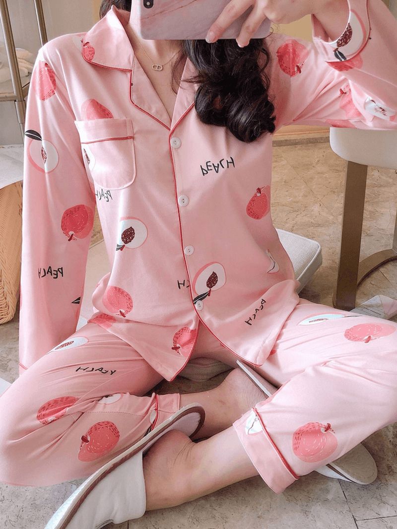 6 Patronen Dames Geruite Revere Kraag Lange Mouw Losse Thuis Pyjama Set