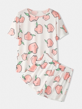 Dames Cartoon Peach Print Korte Mouw Elastische Taille Thuis Casual Pyjama Set