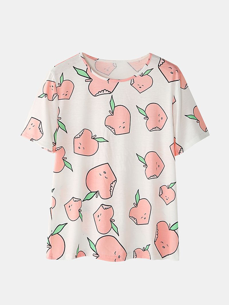 Dames Cartoon Peach Print Korte Mouw Elastische Taille Thuis Casual Pyjama Set