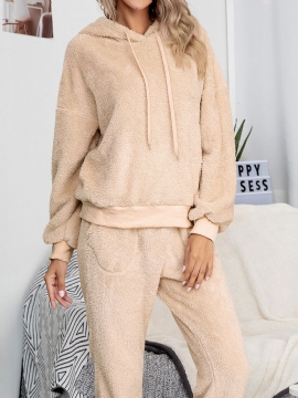 Dames Effen Kleur Fleece Pullover Hoodie Jogger Broek Tweedelige Thuis Fuzzy Pyjama Set