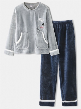 Dames Flanel Letter Grafisch Borduurwerk Sweatshirts Elastische Taille Broek Thuis Pyjama Set