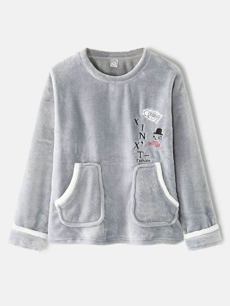 Dames Flanel Letter Grafisch Borduurwerk Sweatshirts Elastische Taille Broek Thuis Pyjama Set
