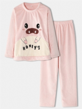 Dames Flanel Varken Grafische Sweatshirts Met Lange Mouwen Elastische Taille Broek Dikker Thuis Pyjama Set