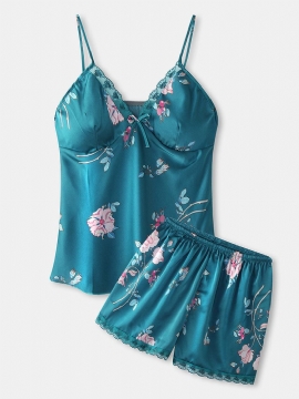 Dames Floral Print Softies Lace Trim Smoth Hot Home Pyjama Set