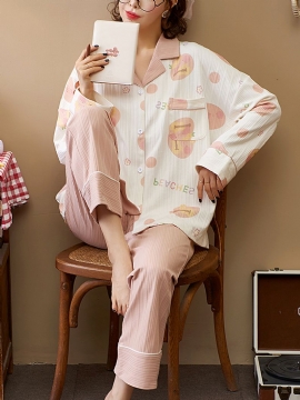 Dames Geribbelde Letter Print Revere Kraag Shirt Elastische Taille Broek Thuis Katoenen Pyjama Set