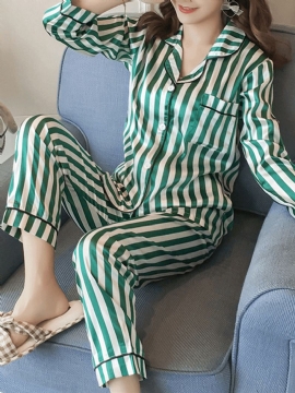 Dames Gestreepte Revere Kraag Button-up Shirt Met Lange Mouwen Tweedelige Pyjamaset