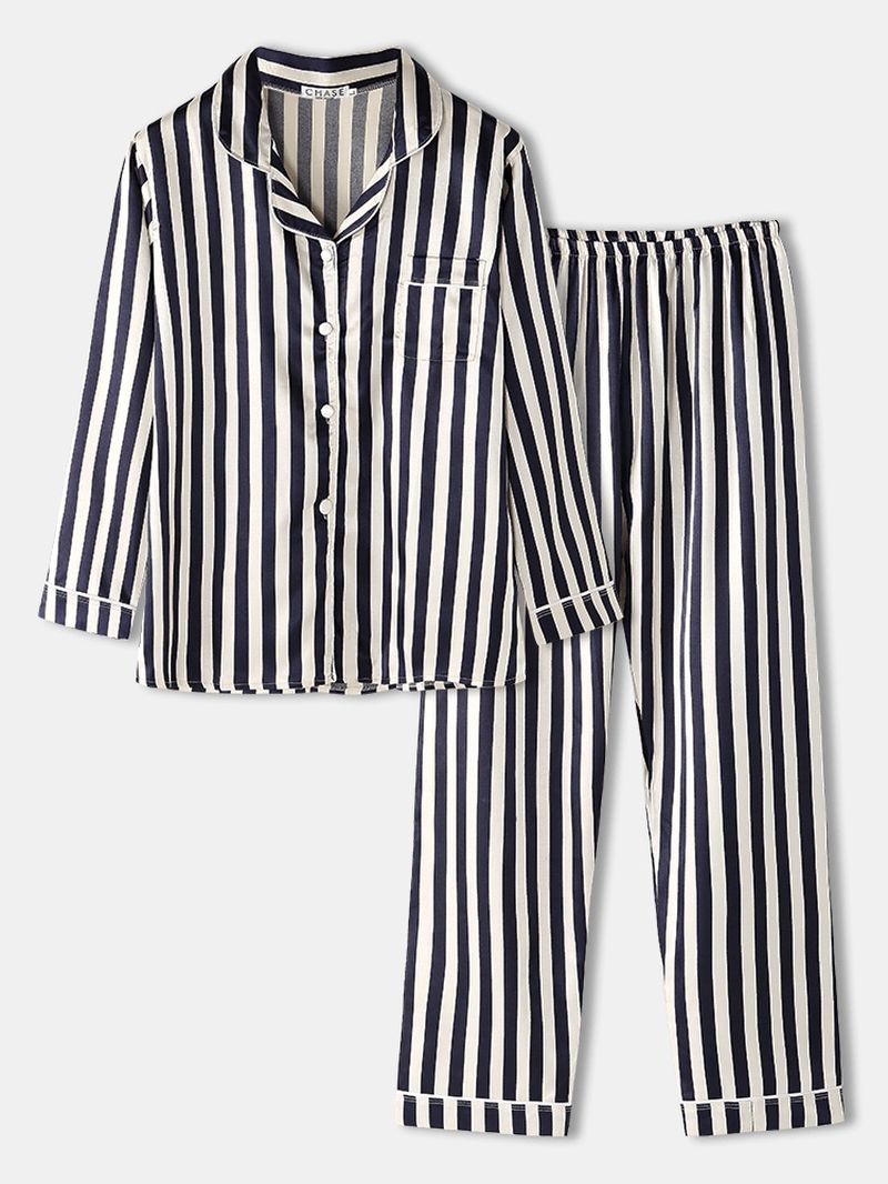 Dames Gestreepte Revere Kraag Button-up Shirt Met Lange Mouwen Tweedelige Pyjamaset