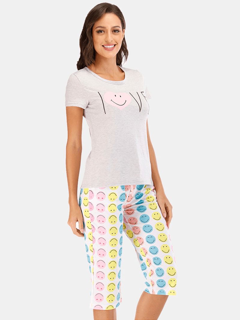 Dames Grappige Cartoon Glimlach Print Korte Mouw Tweedelige Casual Pyjama Set