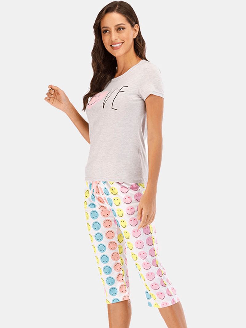 Dames Grappige Cartoon Glimlach Print Korte Mouw Tweedelige Casual Pyjama Set