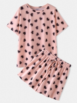 Dames Grappige Harten Print Korte Mouw Elastische Taille Trekkoord Casual Pyjama Set