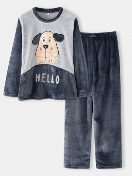 Dames Hello Cartoon Dog Pattern Side Pocket Top Pluche Home Casual Pyjama Set