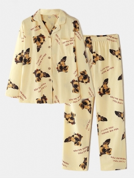 Dames Hondenpatroon Slogan Print Lange Mouwen Pocket Home Lange Mouw Katoenen Pyjama Set