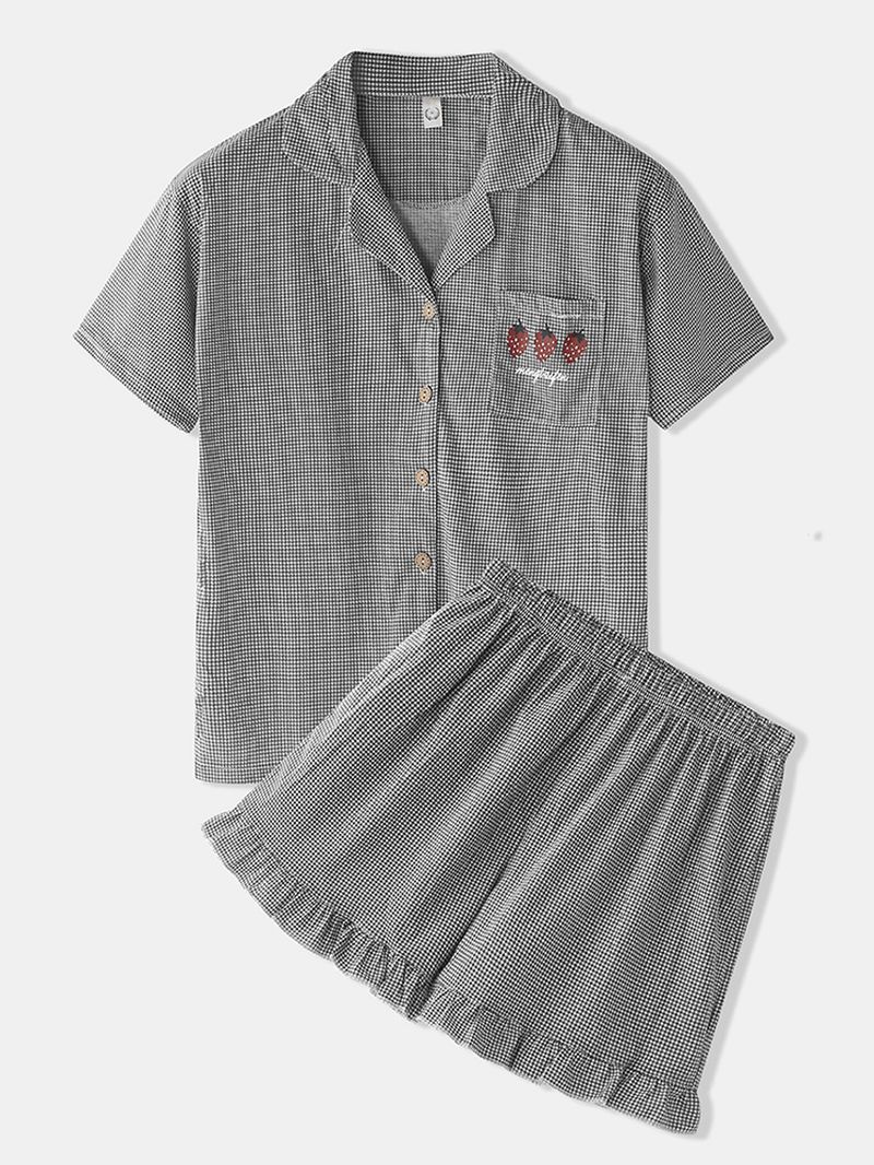 Dames Houndstooth Print Revere Collar Button-up Home Pyjama Set