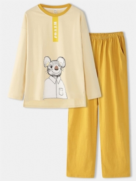 Dames Katoen Cartoon Muis Print Pullover Elastische Taille Zak Losse Broek Thuis Pyjama Set
