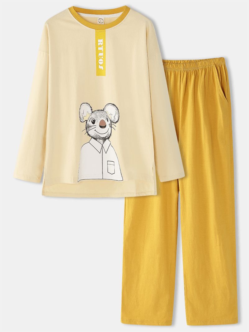 Dames Katoen Cartoon Muis Print Pullover Elastische Taille Zak Losse Broek Thuis Pyjama Set