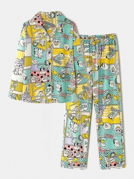 Dames Katoen Comics Print Kamp Kraag Lange Mouw Elastische Taille Thuis Casual Pyjama Sets