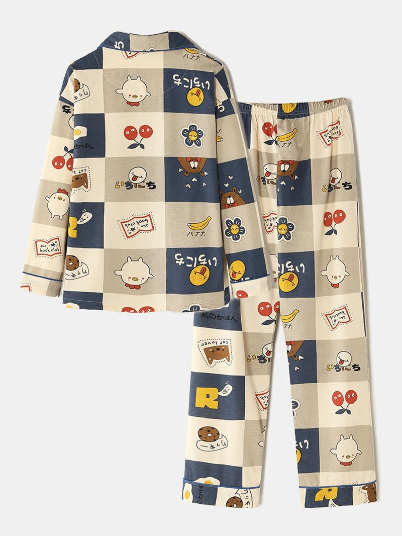Dames Katoen Grappige Print Geruite Lange Mouw Elastische Taille Tweedelig Huis Pyjama Sets