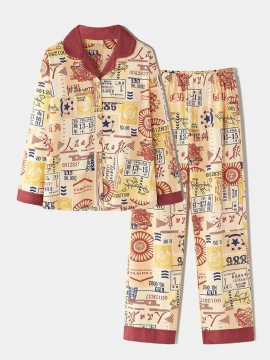Dames Katoen Vintage Chinese Stijl Print Button-up Lange Mouw Elastische Taille Thuis Casual Pyjama Set