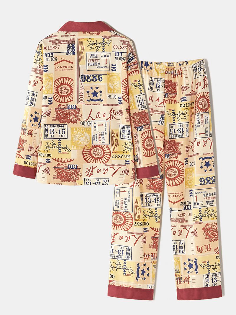 Dames Katoen Vintage Chinese Stijl Print Button-up Lange Mouw Elastische Taille Thuis Casual Pyjama Set