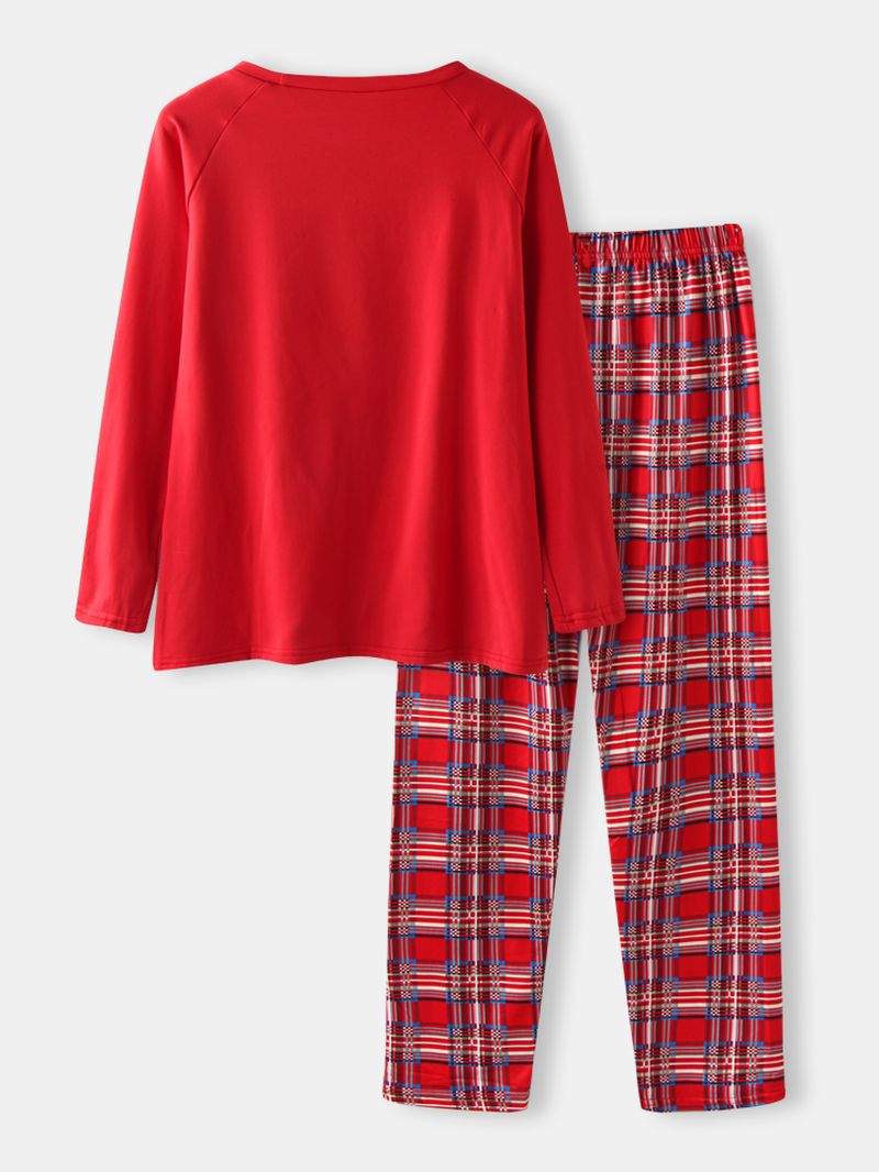 Dames Kerst Kerstman Print Trui Plaid Elastische Taille Broek Thuis Casual Pyjama Set