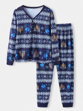 Dames Kerststijl Print V-hals Lange Mouwen Trui Losse Broek Tweedelige Pyjama Set