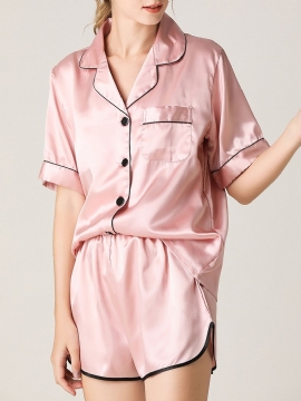 Dames Kleurrijke Gestreepte Button-up Revere Kraag Zak Home Ice Silk Pyjama Set