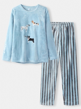 Dames Leuke Honden Borduurwerk Flanel Dikke Gestreepte Broek O-hals Warme Pyjama Sets