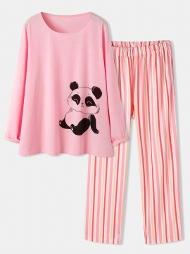 Dames Leuke Panda Print O-hals Gestreepte Broek Tweedelige Plus Size Lounge Thuis Pyjama Sets
