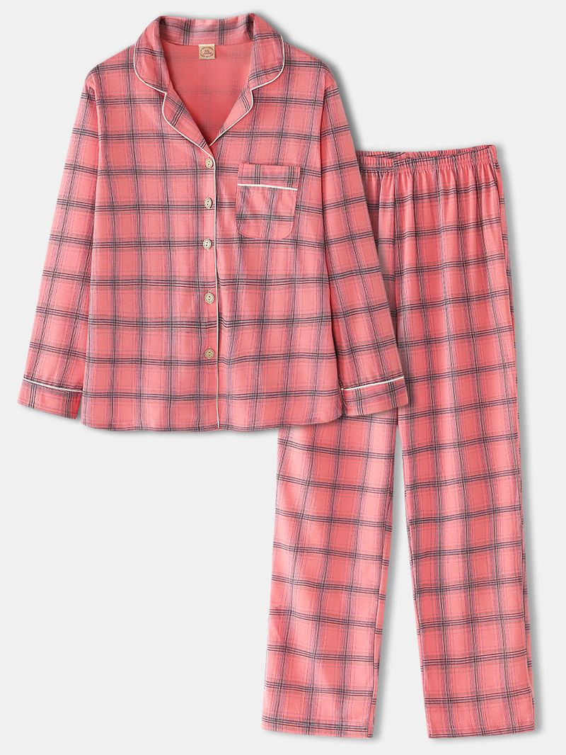 Dames Plaid Print Revere Kraag Borstzak Shirt Elastische Taille Broek Tweedelige Pyjama Set