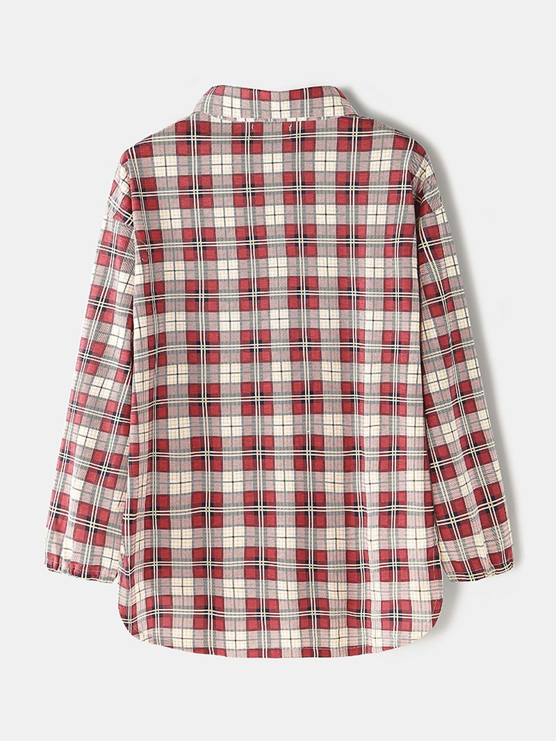 Dames Plaid Print Revers Hoog-lage Zoom Shirt Elastische Taille Broek Thuis Pyjama Set