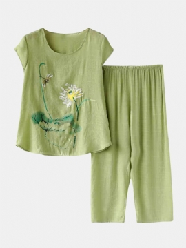 Dames Plantenprint Plus Size Pyjama's Zachte Ademende Zomerloungewear