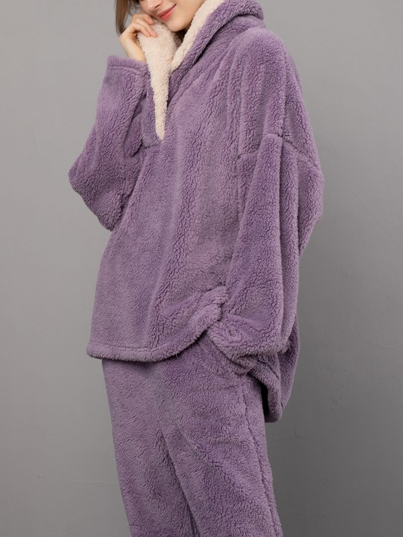 Dames Pluizig Pluche Dikkere Revers Hoge Lage Zoom Loungewear Warme Pyjama Set