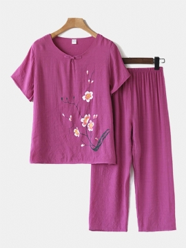 Dames Plus Size Bloemenprint Loungewear Set Ademend Mandarijn Knoop Losse Pyjama's