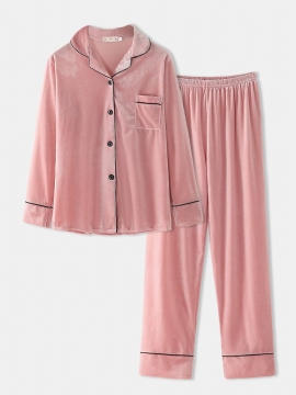 Dames Plus Size Fluwelen Revers Knop Losse Rechte Broek Homewear Lounge Effen Pyjama Set