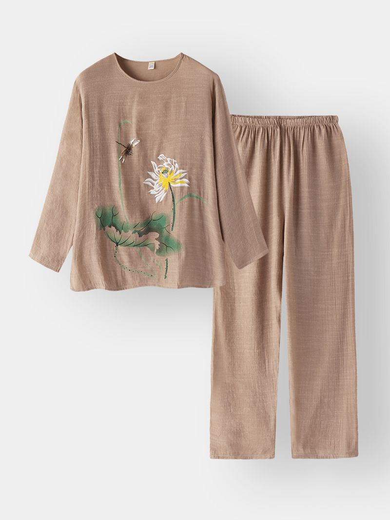 Dames Print Katoen Linnen Softies Loungewear Lange Set O-hals Losse Ademende Pyjama Set