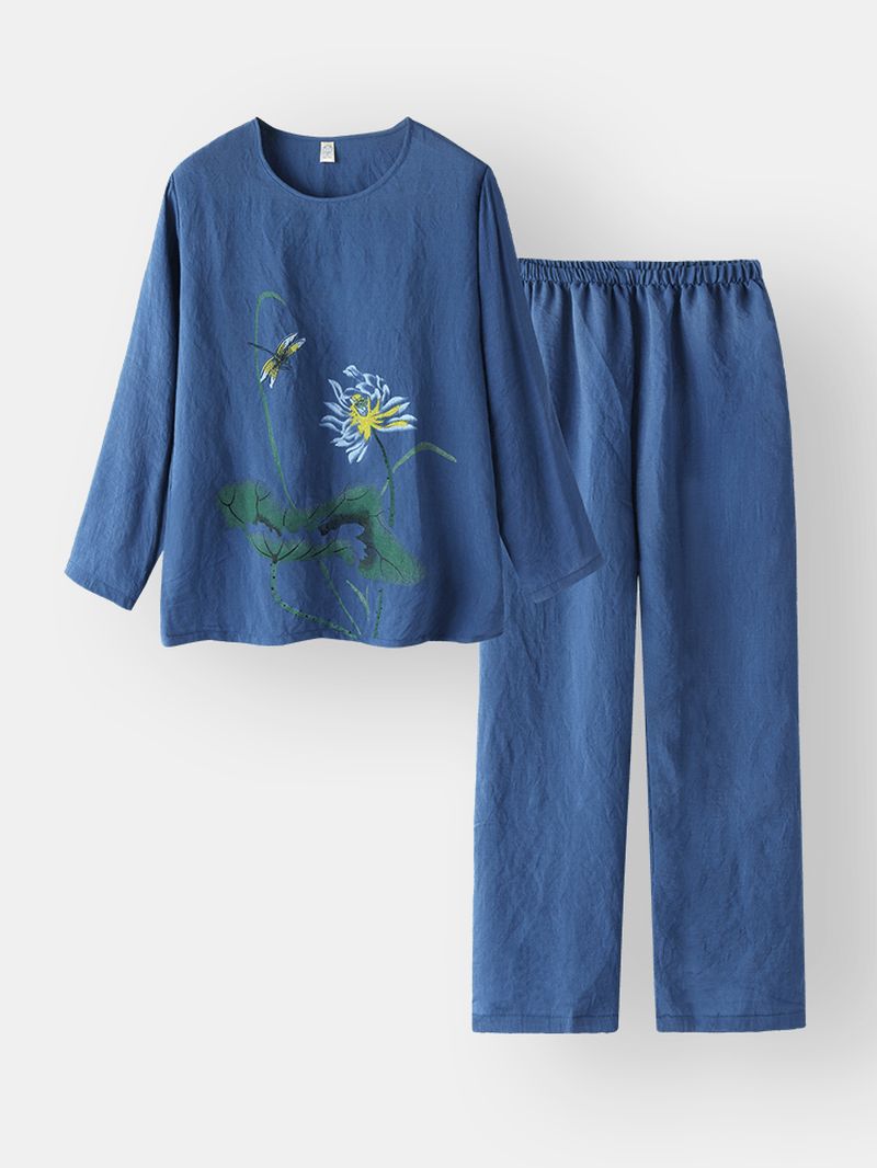Dames Print Katoen Linnen Softies Loungewear Lange Set O-hals Losse Ademende Pyjama Set