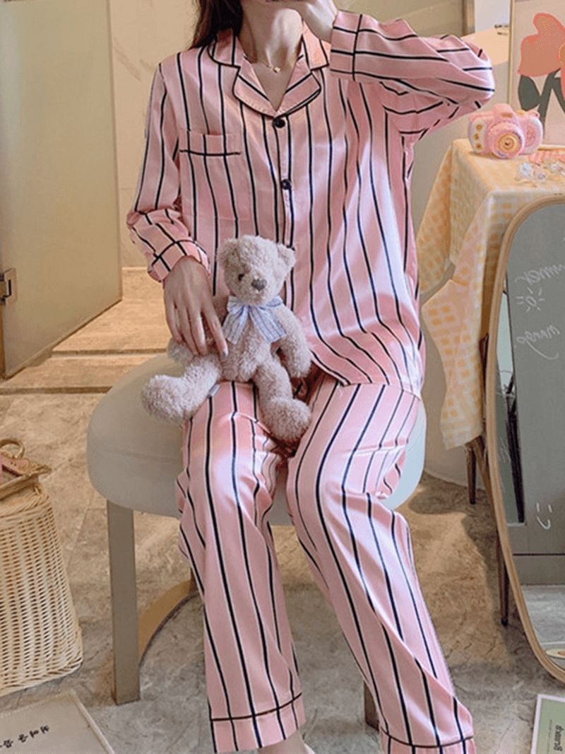 Dames Roze Streep Print Kamp Kraag Lange Mouw Thuis Casual Faux Zijden Pyjama Sets