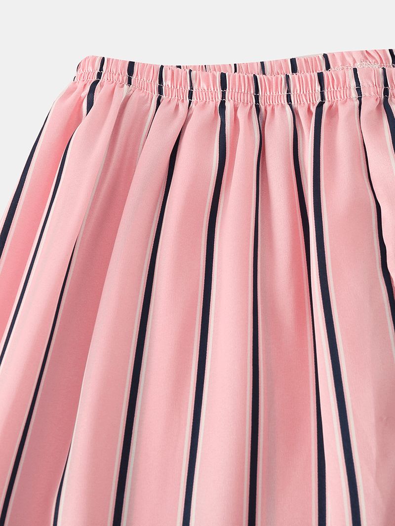 Dames Roze Streep Print Kamp Kraag Lange Mouw Thuis Casual Faux Zijden Pyjama Sets