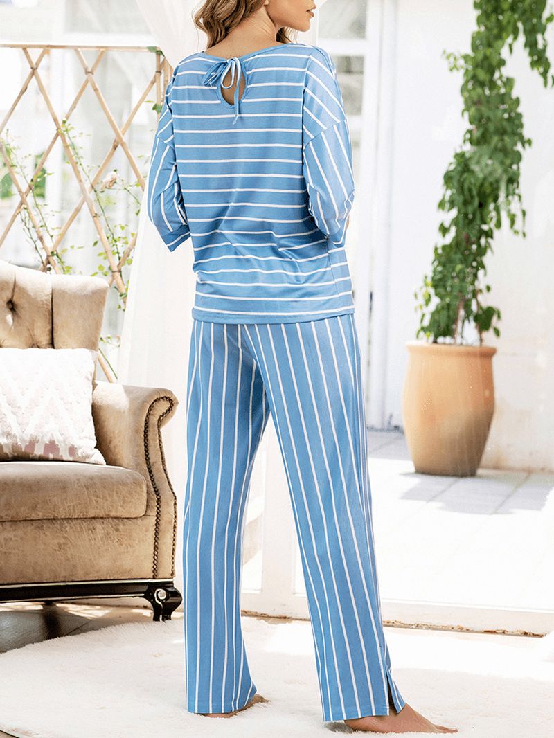 Dames Streep Print Ronde Hals Tops Zak Broek Thuis Twee Picece Pyjama Set