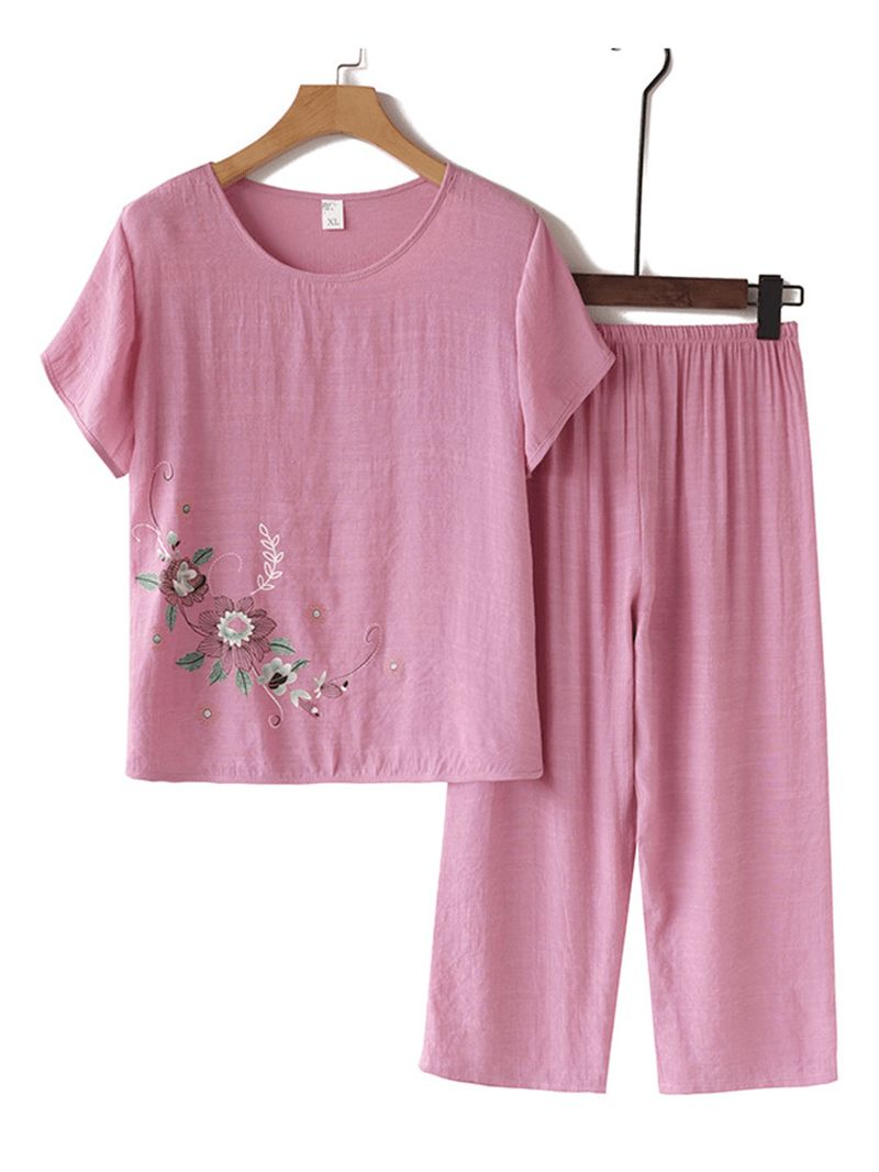 Dames Vintage Bloemenprint Loungewear Ademende Pyjama Met Korte Mouwen