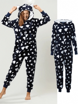 Flanel Heart Printed Front Zip Hoodie Onsie Met Pocket Pyjama Set