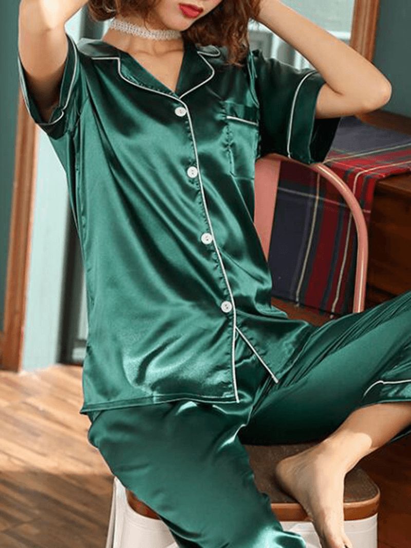 Grote Maten Pyjama Van Imitatiezijde Tweedelige Loungekleding Met Lange Broek