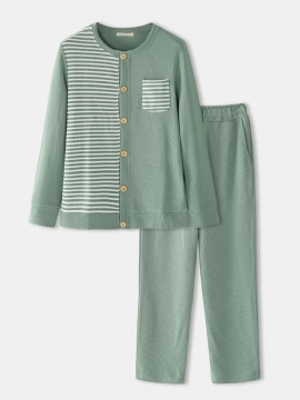 Heren 100% Katoen Patchwork Button-up Losse Thuis Casual Pyjama Set Met Zak