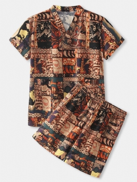 Heren Abstracte Print V-hals Korte Mouw Top Thuis Pyjama Sauna Zweetpak