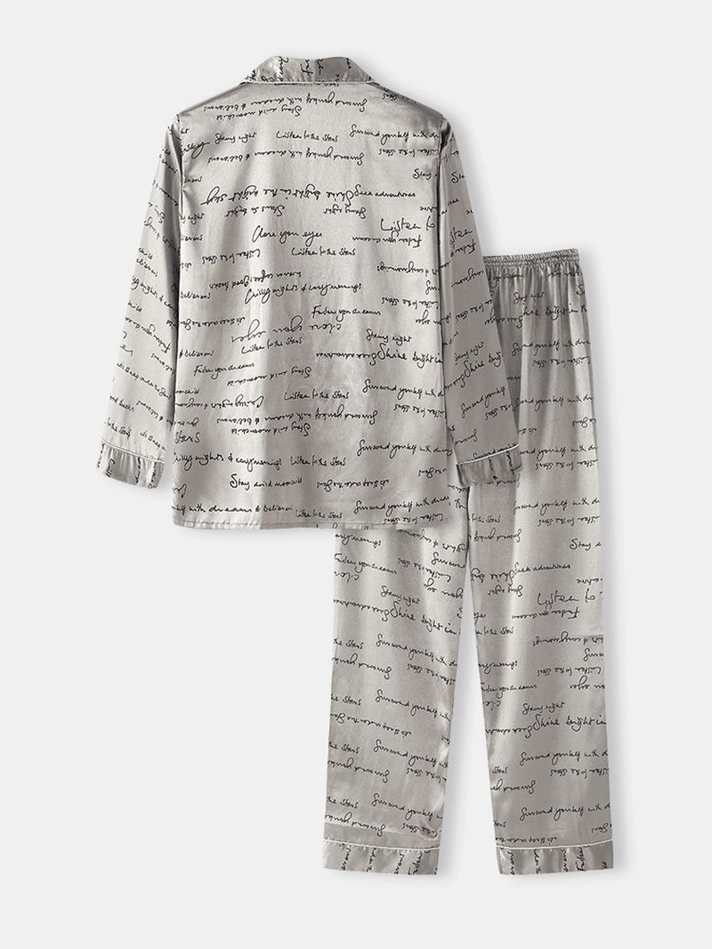 Heren Allover Slogan Print Flap Pocket Faux Silk Home Long Sleeve Lounge Pyjama